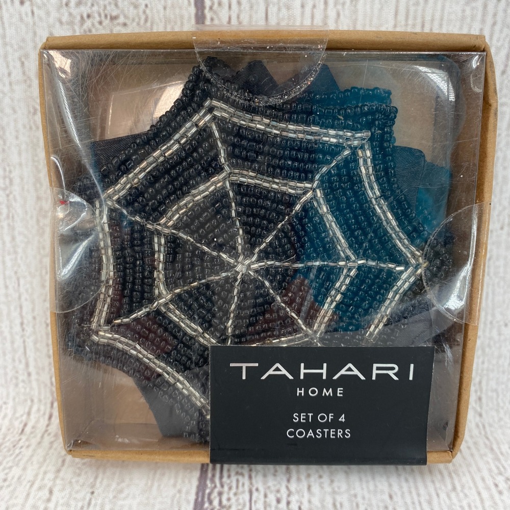 Tahari Home Spiderweb Coasters (Set of 4) Black Silver Beaded Halloween Spooky